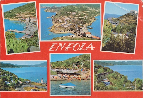 Cartolina storica dell’Enfola con vedute della baia e del promontorio