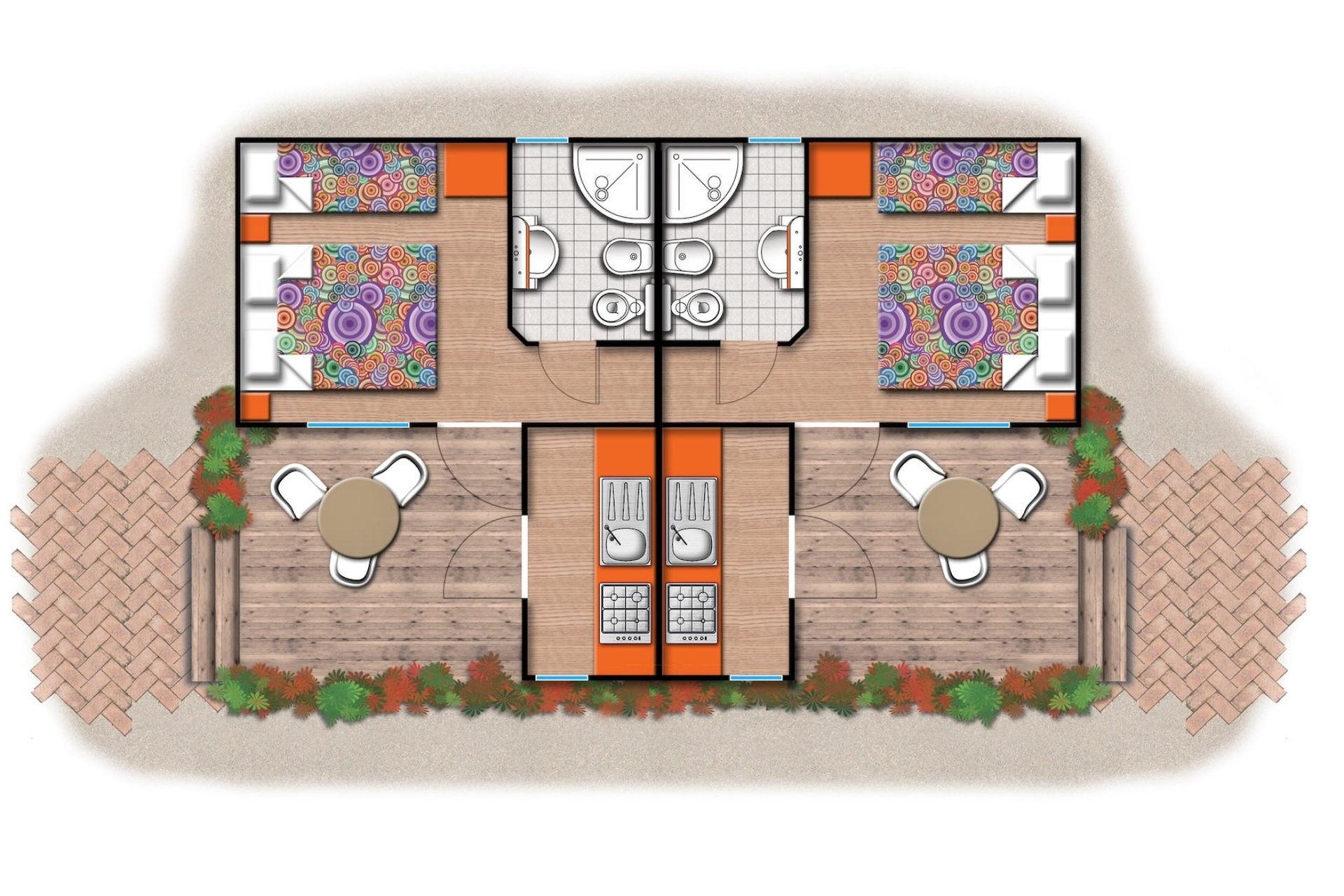 Pianta Bungalow A con due unità speculari, 2 camere, bagno centrale e veranda esterna con tavolo