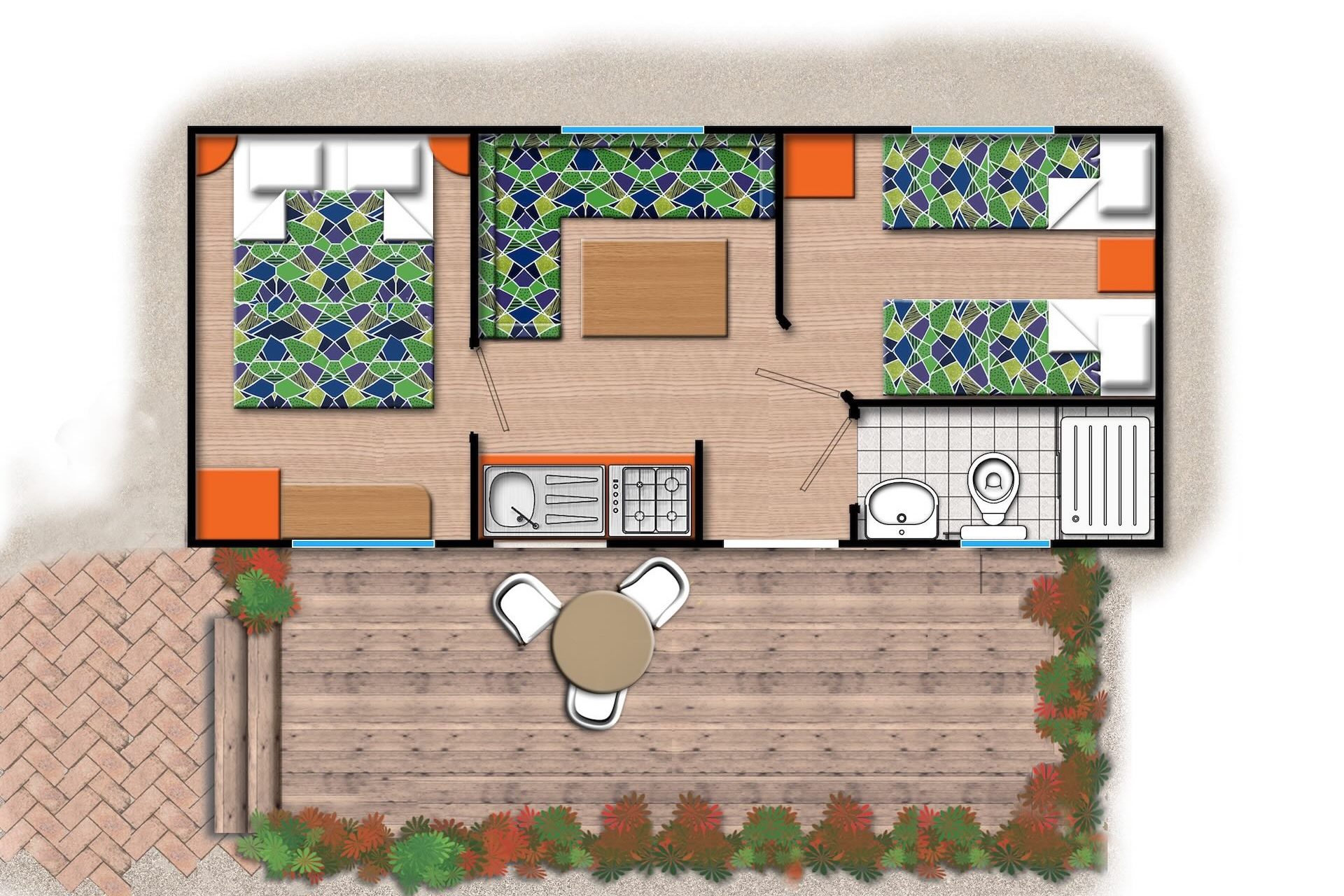 Pianta Bungalow B con zona giorno open space, 2 camere, bagno e ampia veranda arredata