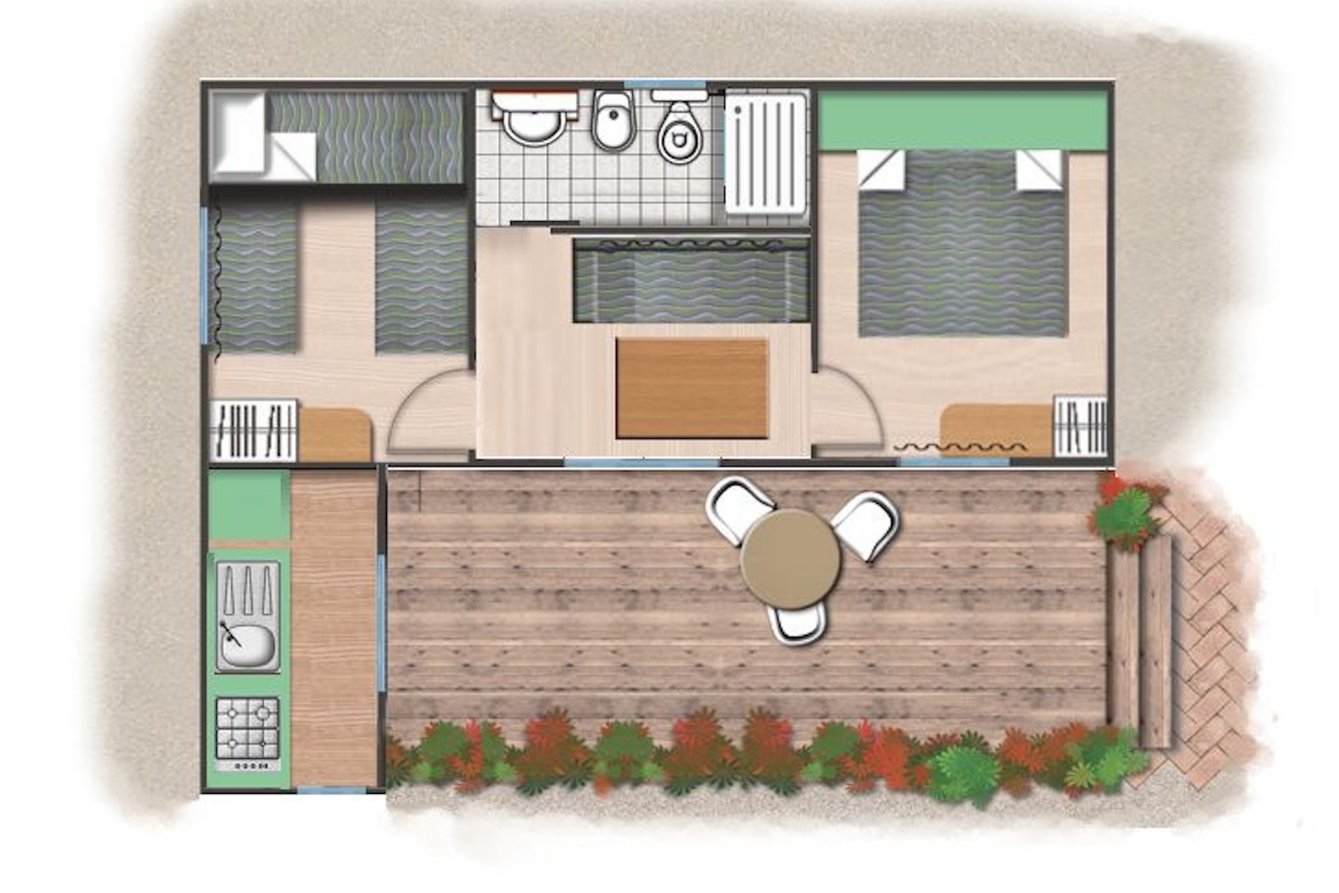 Pianta Chalet B con soggiorno centrale, 2 camere, bagno e terrazza esterna coperta