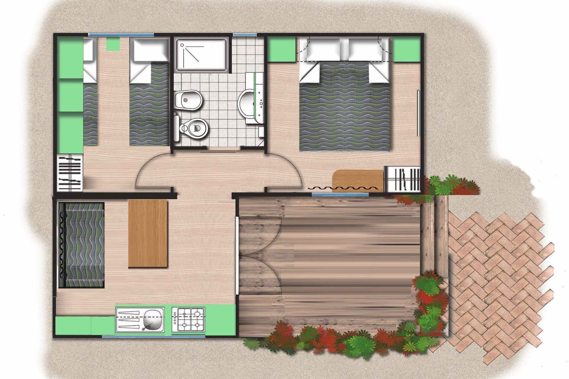 Pianta Chalet Tipo A con 2 camere, bagno, soggiorno con cucina e veranda laterale